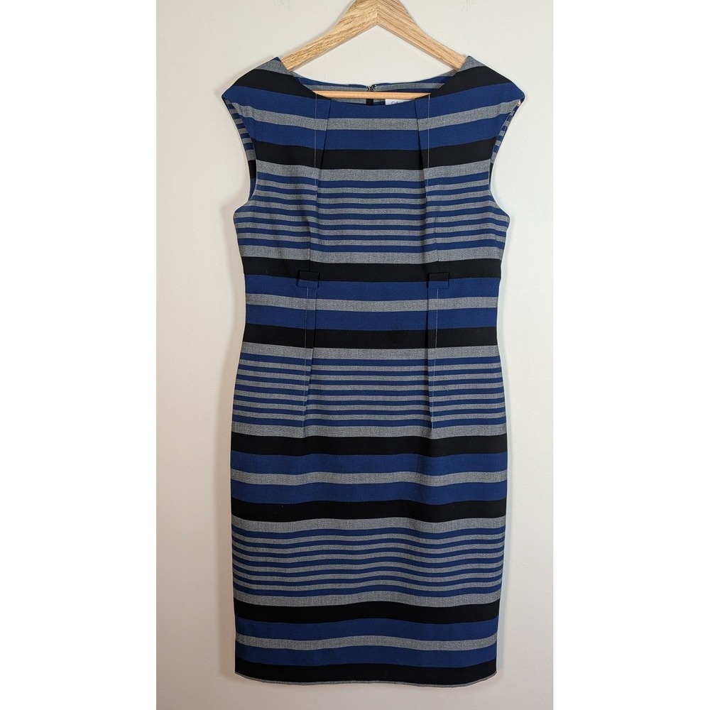Calvin Klein Blue Black Grey Striped Sleeveless Sheath Dress Professional Wear